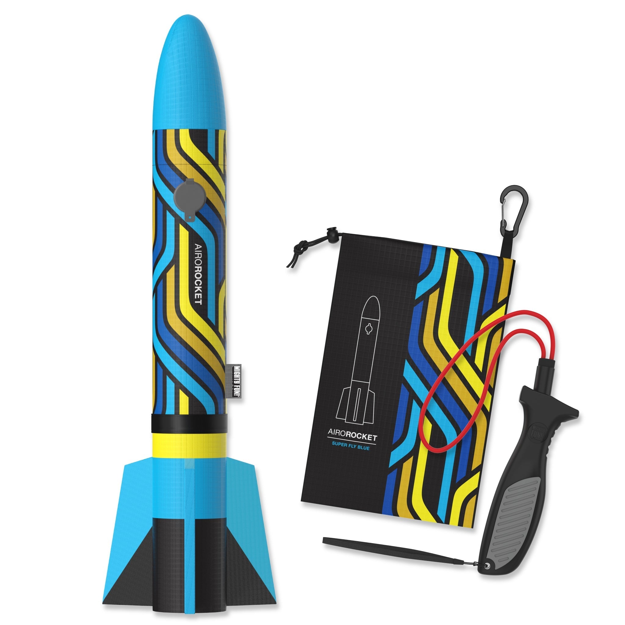 Blue Airo Rocket toy rocket with hand launcher and storage bag by Mighty Fun!