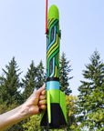 Lime Airo Rocket toy rocket being launched outside. By Mighty Fun!