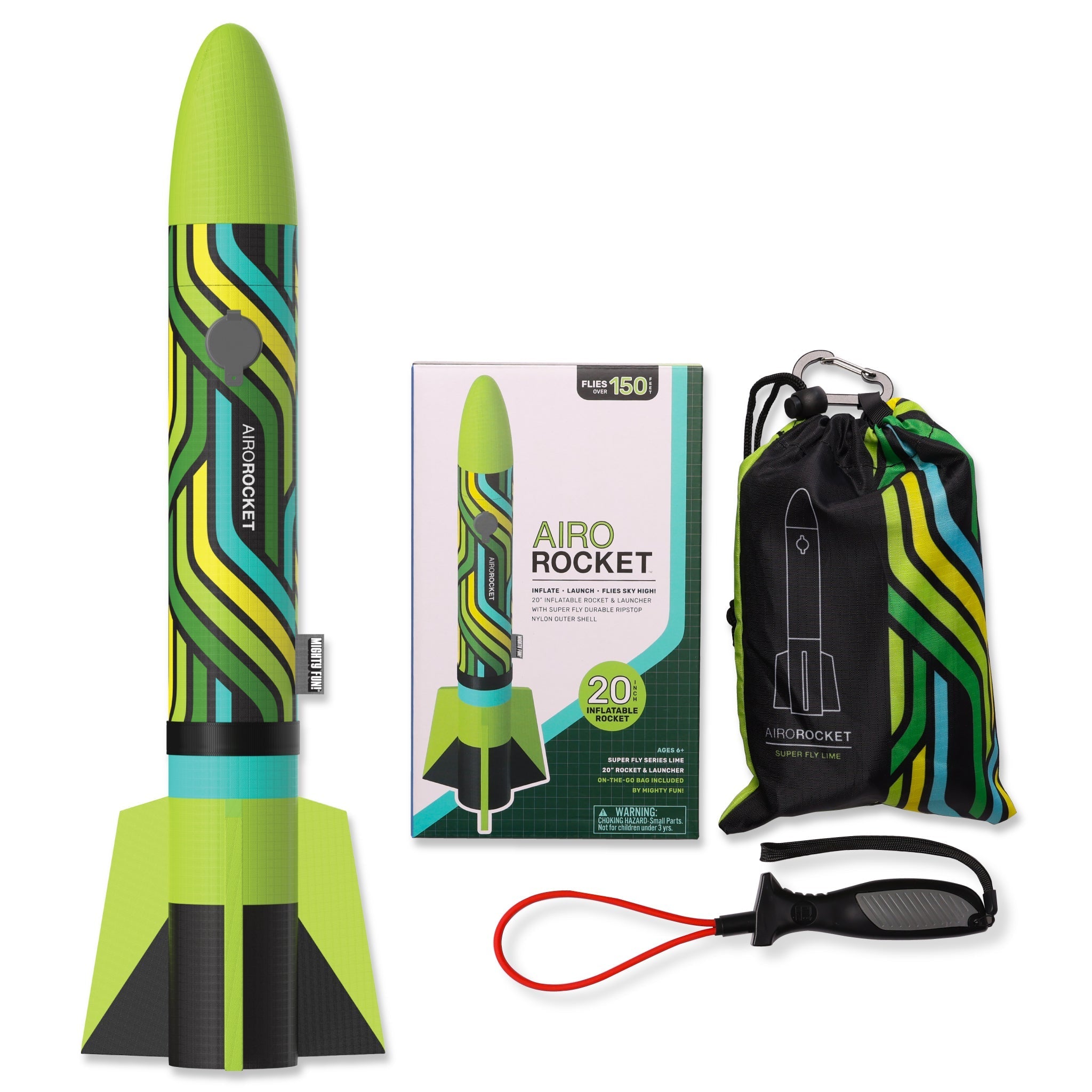 Lime Airo Rocket toy rocket with hand launcher, storage bag, and color box by Mighty Fun!