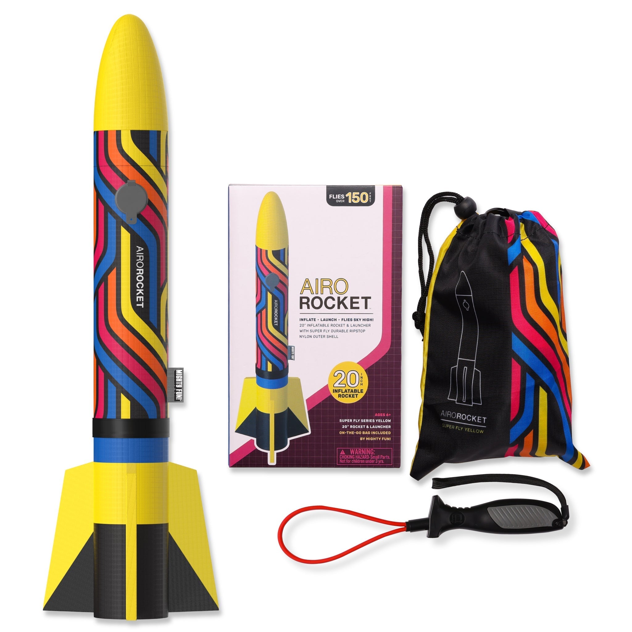 Yellow Airo Rocket toy rocket with hand launcher, storage bag, and color box by Mighty Fun!