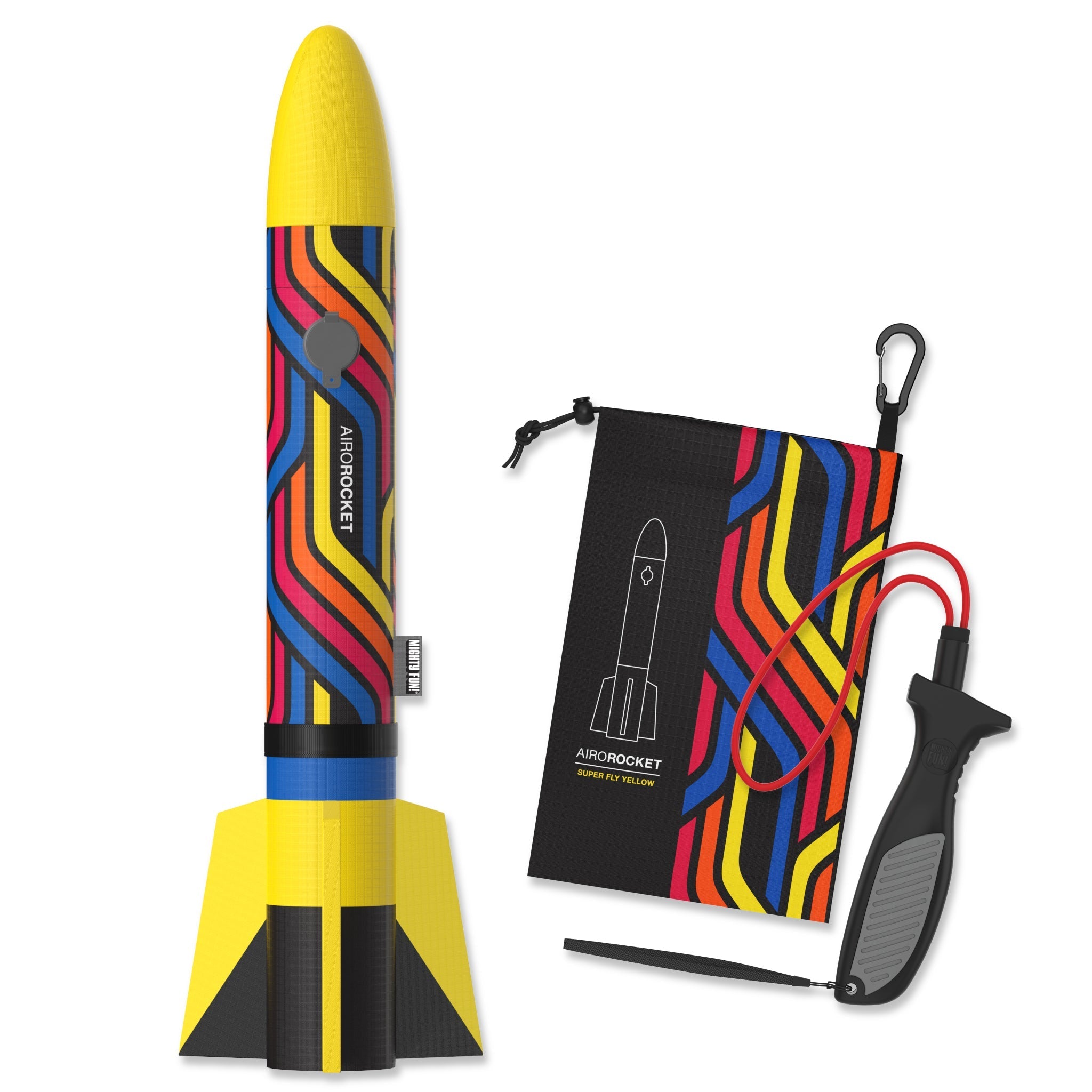 Yellow Airo Rocket toy rocket with hand launcher and storage bag by Mighty Fun!