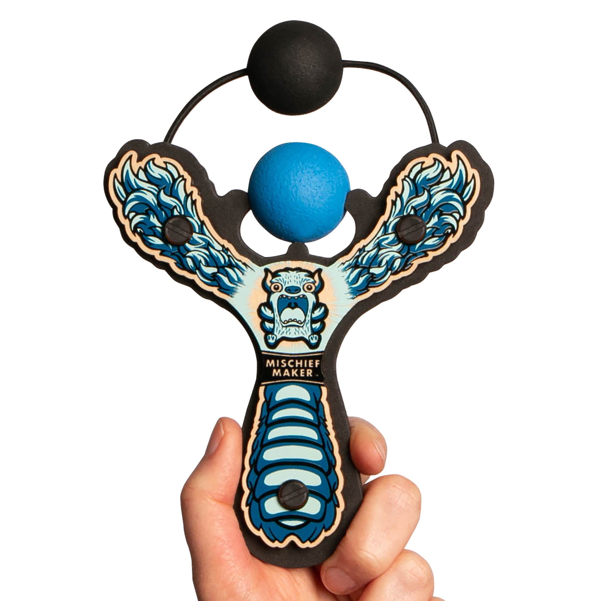 Blue Monster toy slingshot hand held with ball foam ball. Mischief Maker by Mighty Fun!