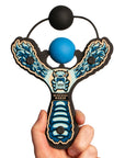 Blue Monster toy slingshot hand held with ball foam ball. Mischief Maker by Mighty Fun!