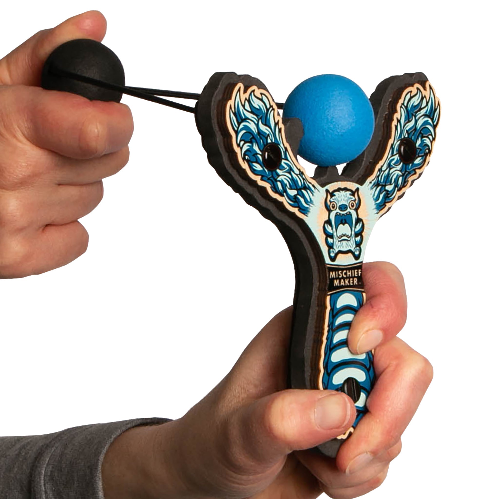 Blue Monster toy slingshot being launched. Mischief Maker by Mighty Fun!