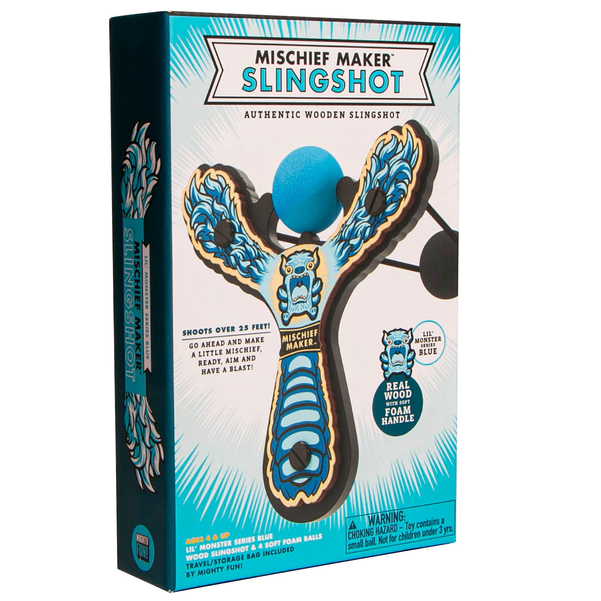 Blue Monster toy slingshot color kids gift box. Mischief Maker by Mighty Fun!