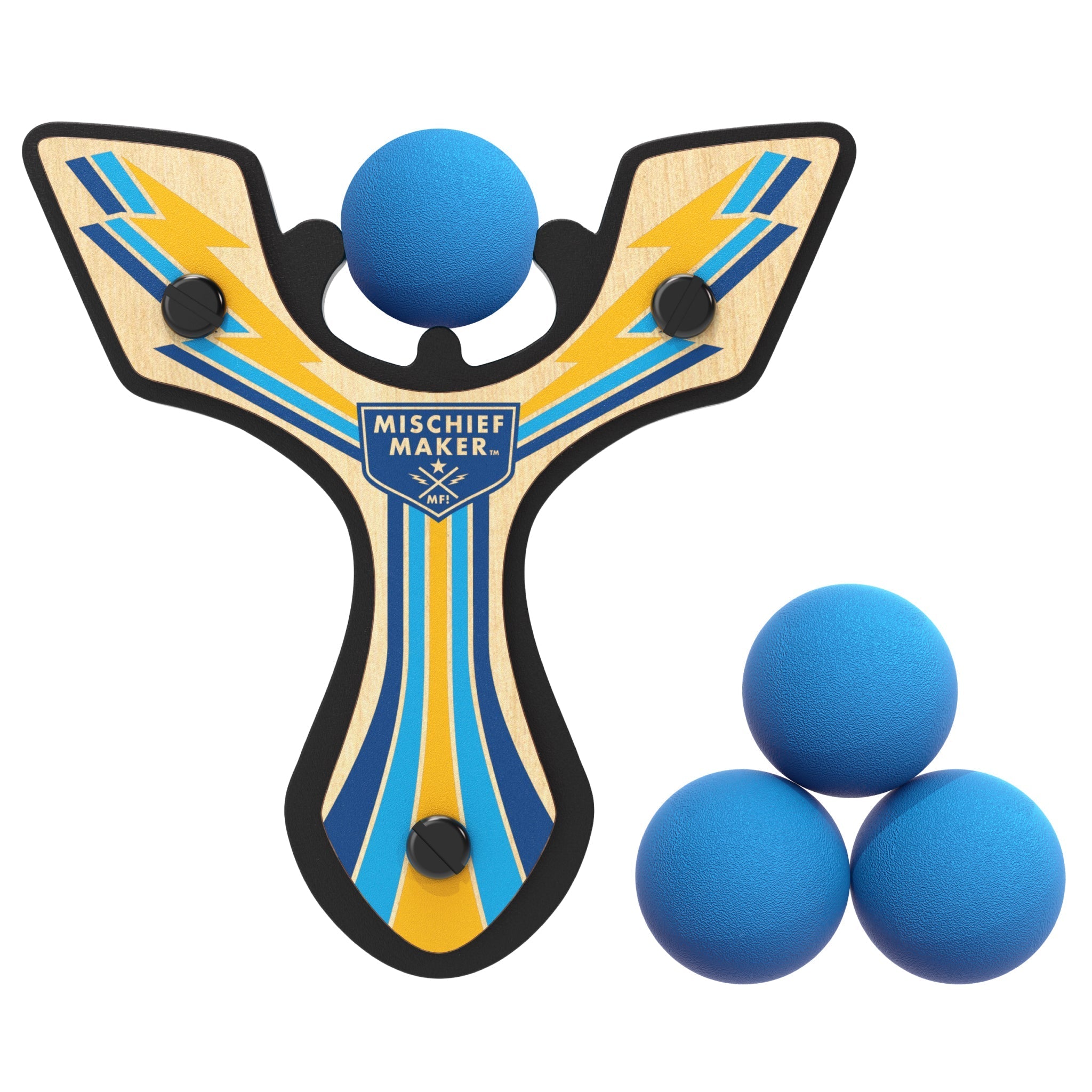 Blue Racing best slingshot with 4 soft foam balls. Mischief Maker by Mighty Fun!