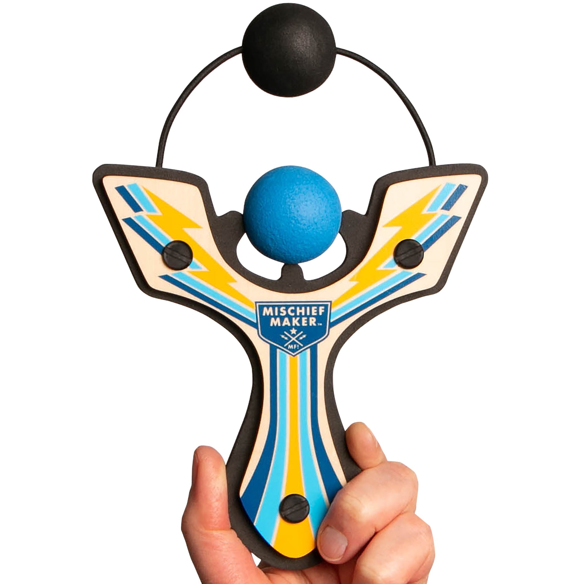 Blue Racing best slingshot hand held with ball foam ball. Mischief Maker by Mighty Fun!