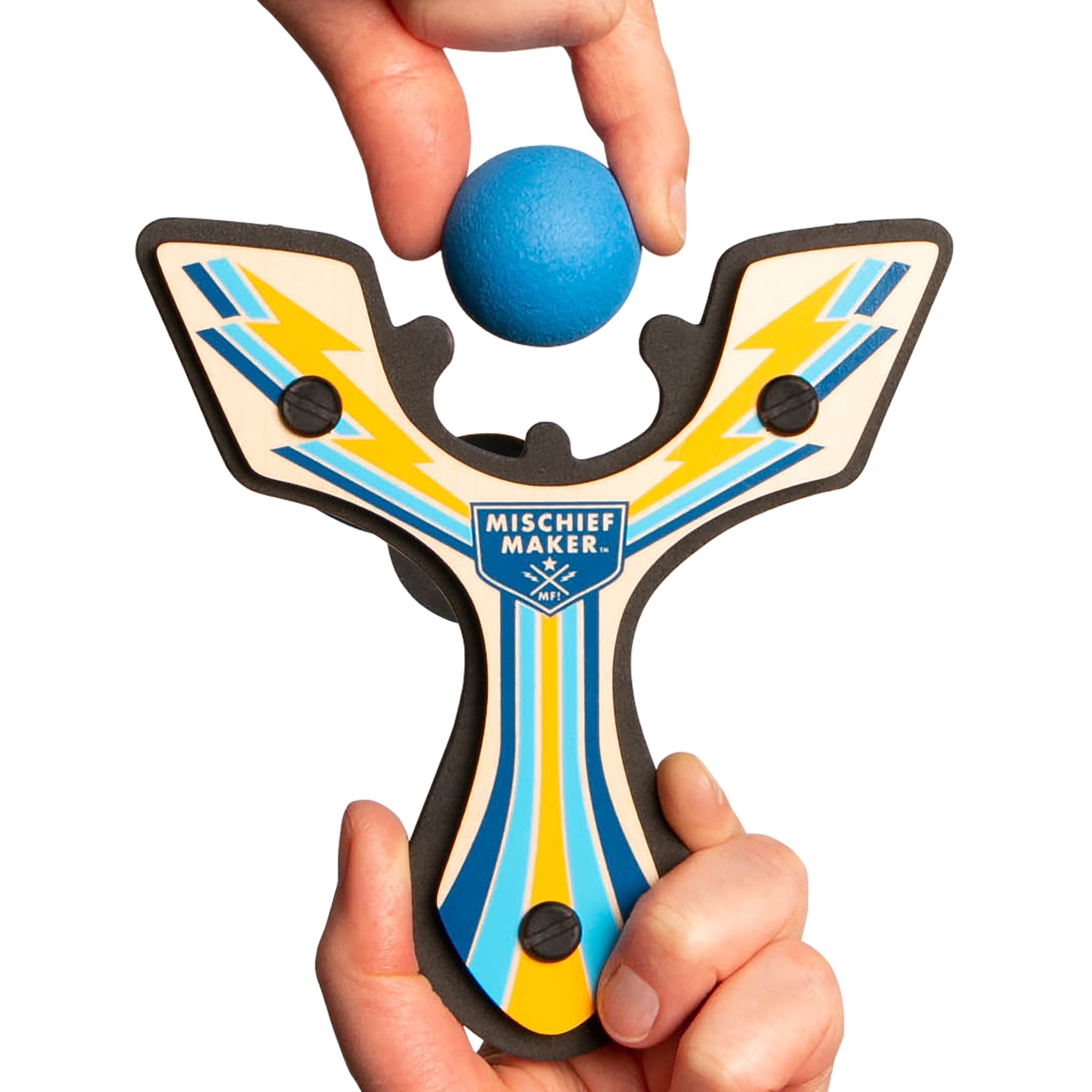 Blue Racing best slingshot being loaded with a soft foam ball. Mischief Maker by Mighty Fun!
