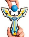Blue Racing best slingshot being loaded with a soft foam ball. Mischief Maker by Mighty Fun!