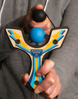 Blue Racing best slingshot being shot by 6 year old boy. Mischief Maker by Mighty Fun!