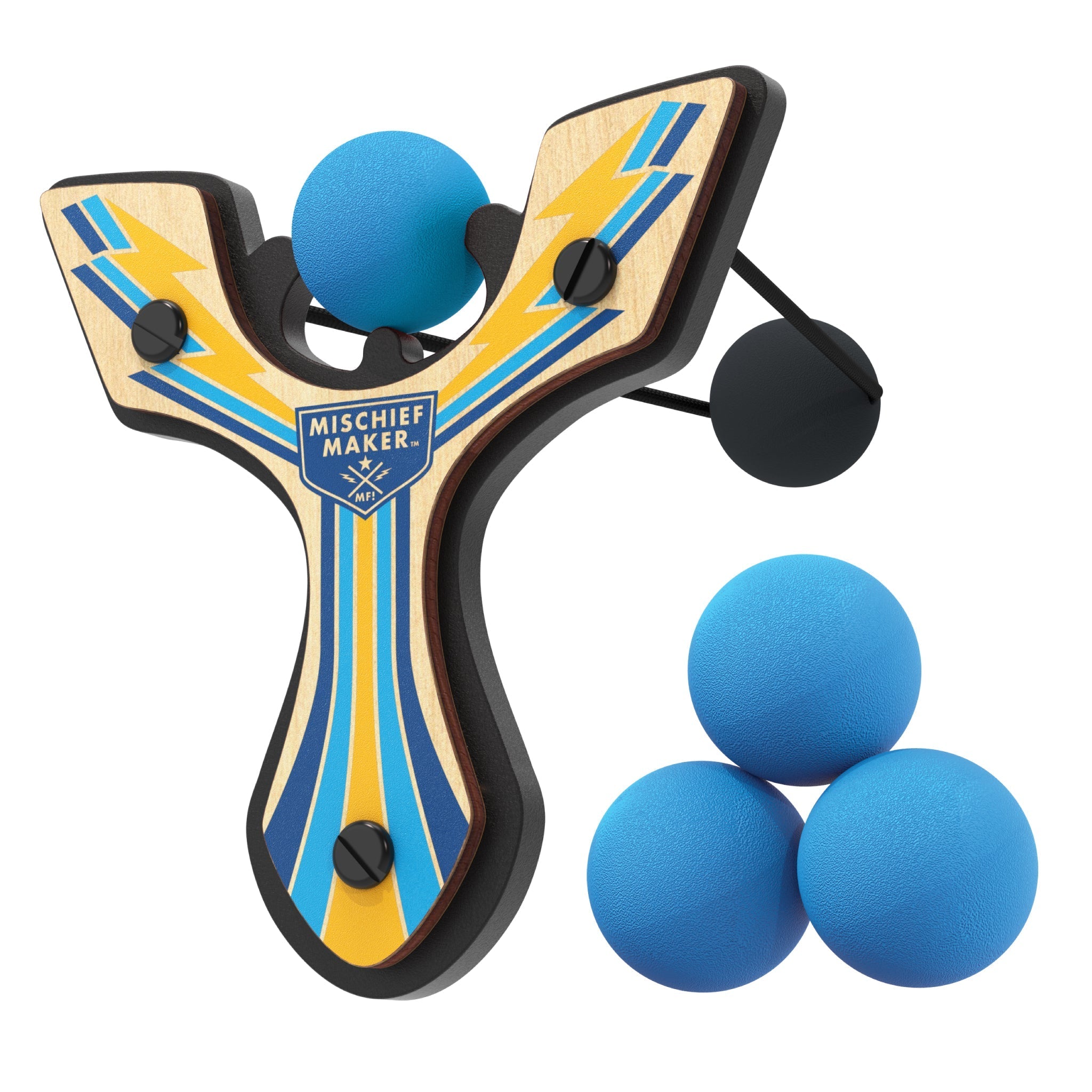 Blue Racing best slingshot with 4 soft foam balls. Mischief Maker by Mighty Fun!