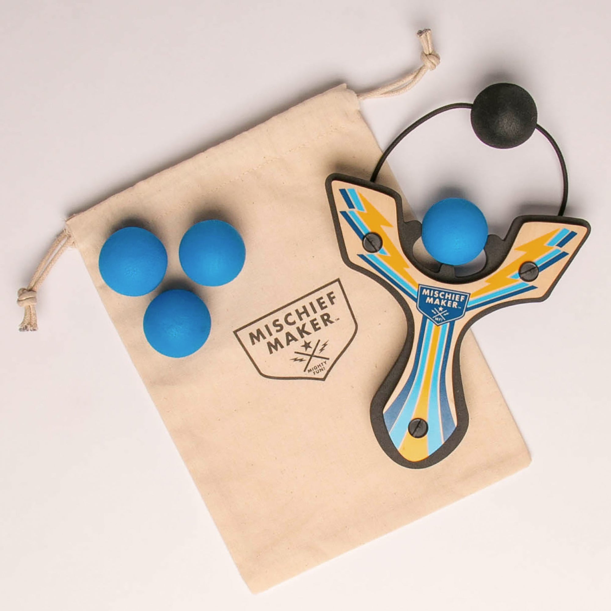 Blue Racing best slingshot with 4 soft foam balls and storage bag. Mischief Maker by Mighty Fun!