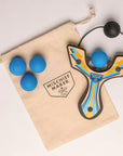 Blue Racing best slingshot with 4 soft foam balls and storage bag. Mischief Maker by Mighty Fun!