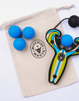 Blue Surf’s Up toy slingshot with 4 soft foam balls and storage bag. Mischief Maker by Mighty Fun!