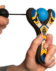 Blue classic wooden Mischief Maker kids toy slingshot taking aim. By Mighty Fun!