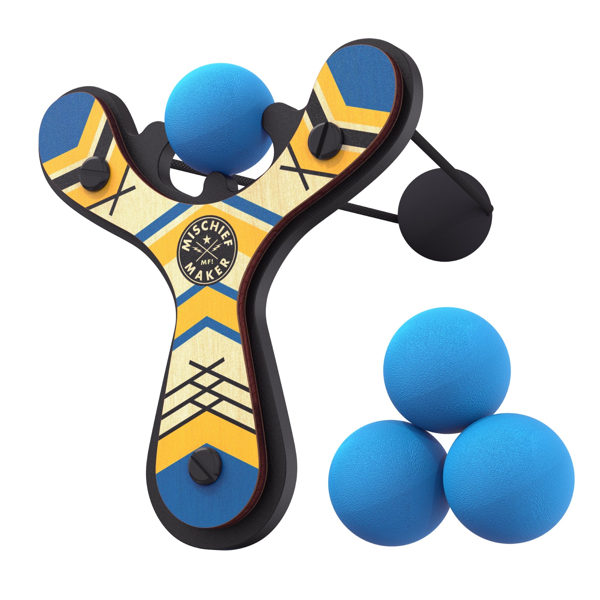 Blue classic wooden Mischief Maker kids toy slingshot with 4 soft foam balls. By Mighty Fun!