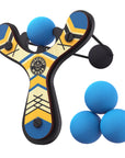 Blue classic wooden Mischief Maker kids toy slingshot with 4 soft foam balls. By Mighty Fun!
