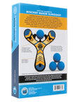 Blue classic wooden Mischief Maker kids toy slingshot in color gift box. By Mighty Fun!