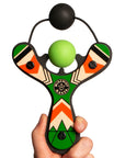 Green Classic wood slingshot hand held with ball foam ball. Mischief Maker by Mighty Fun!