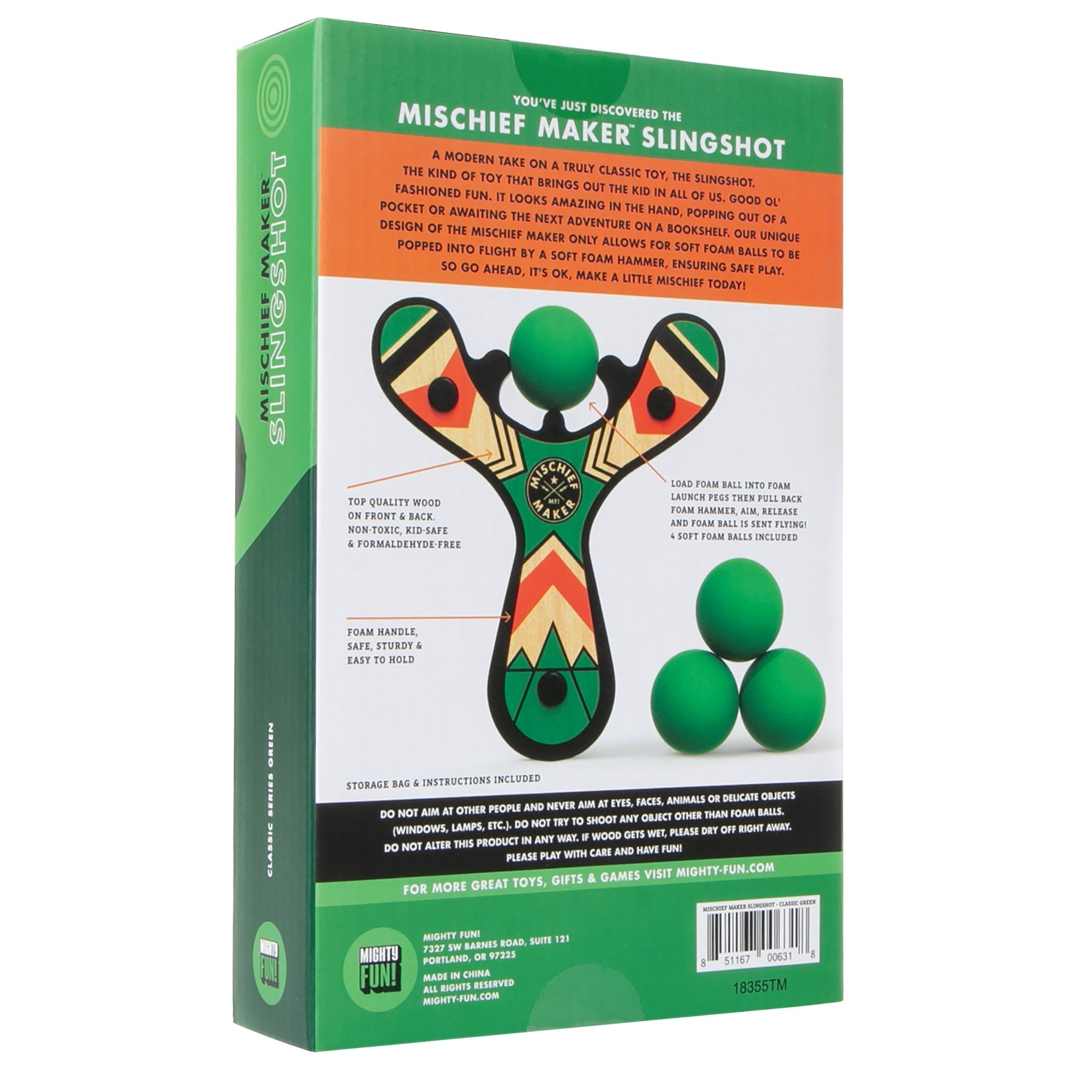 Green Classic wood slingshot color gift box. Mischief Maker by Mighty Fun!