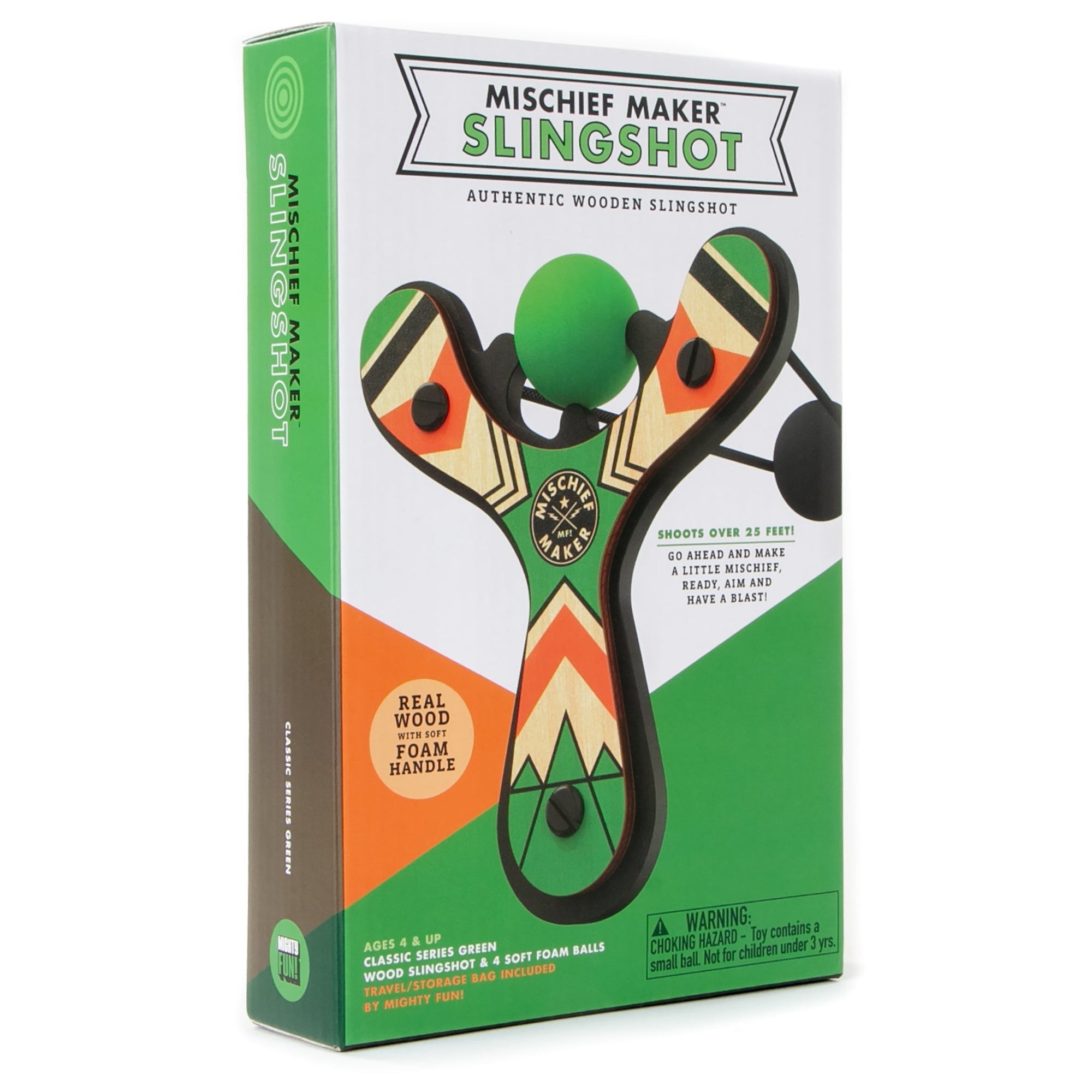 Green Classic wood slingshot color gift box. Mischief Maker by Mighty Fun!