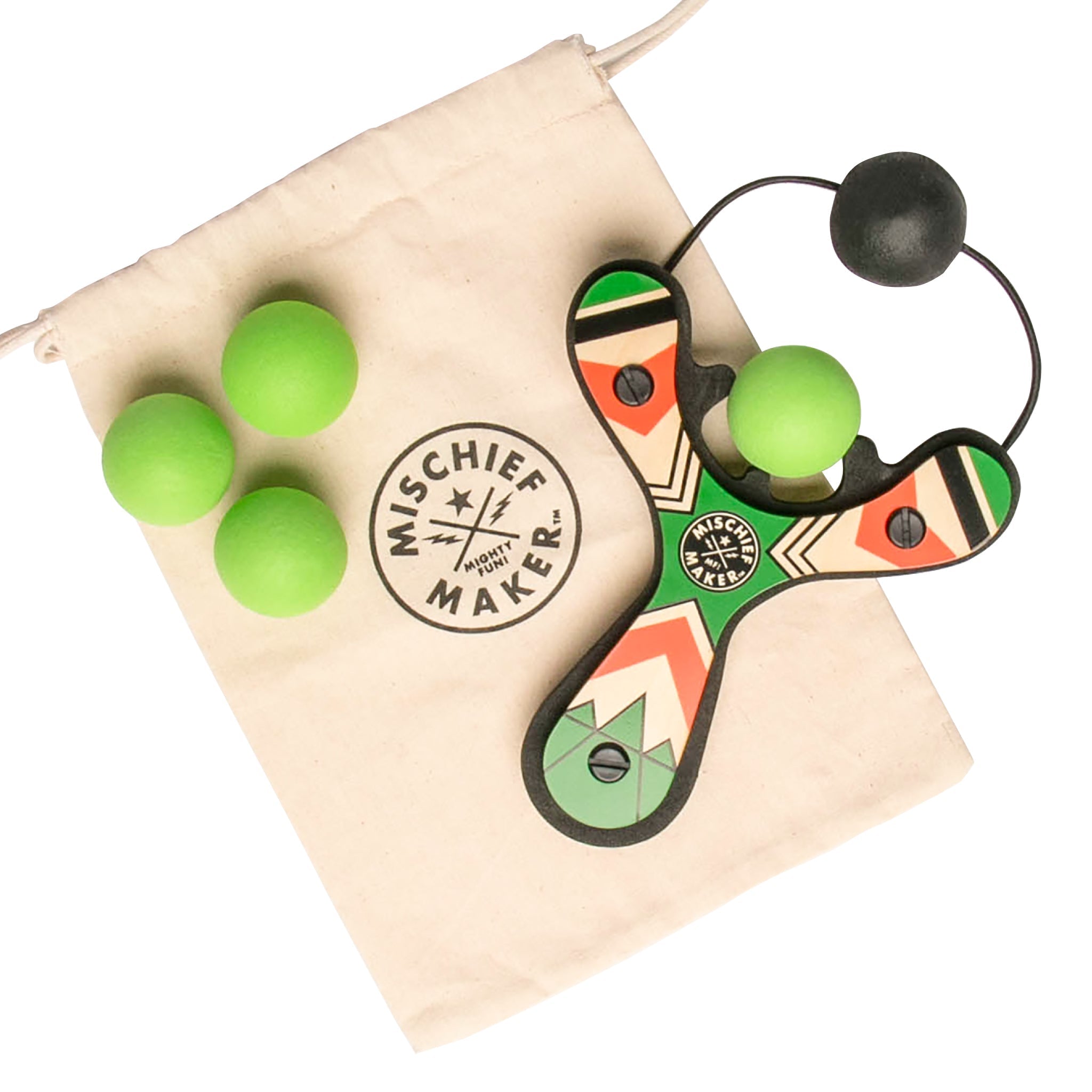 Green Classic wood slingshot with 4 soft foam balls and storage bag. Mischief Maker by Mighty Fun!