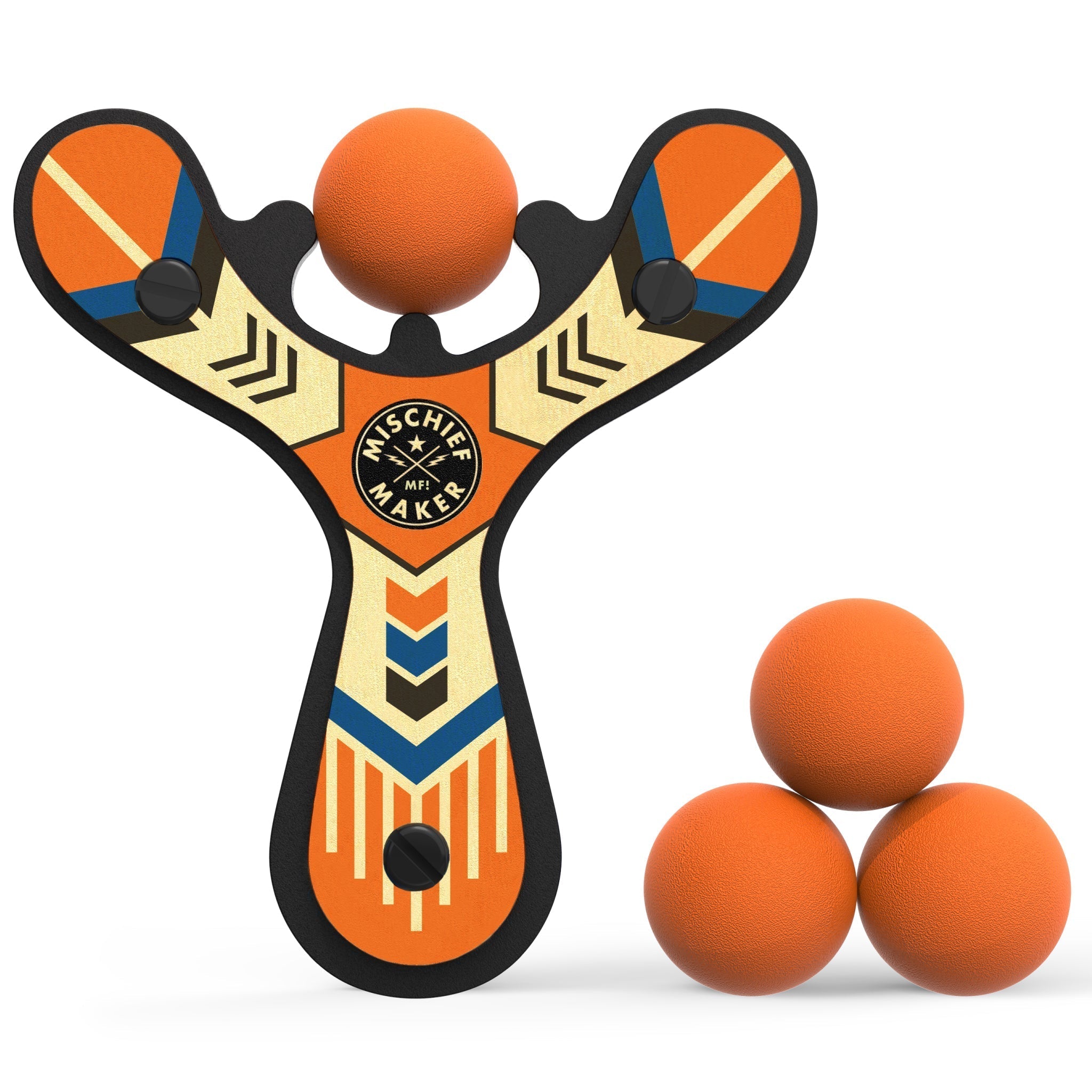 Orange Classic wood slingshot with 4 soft foam balls. Mischief Maker by Mighty Fun!