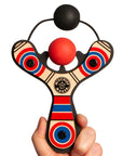 Red Classic wood slingshot hand held with ball foam ball. Mischief Maker by Mighty Fun!