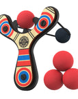 Red Classic wood slingshot with 4 soft foam balls. Mischief Maker by Mighty Fun!
