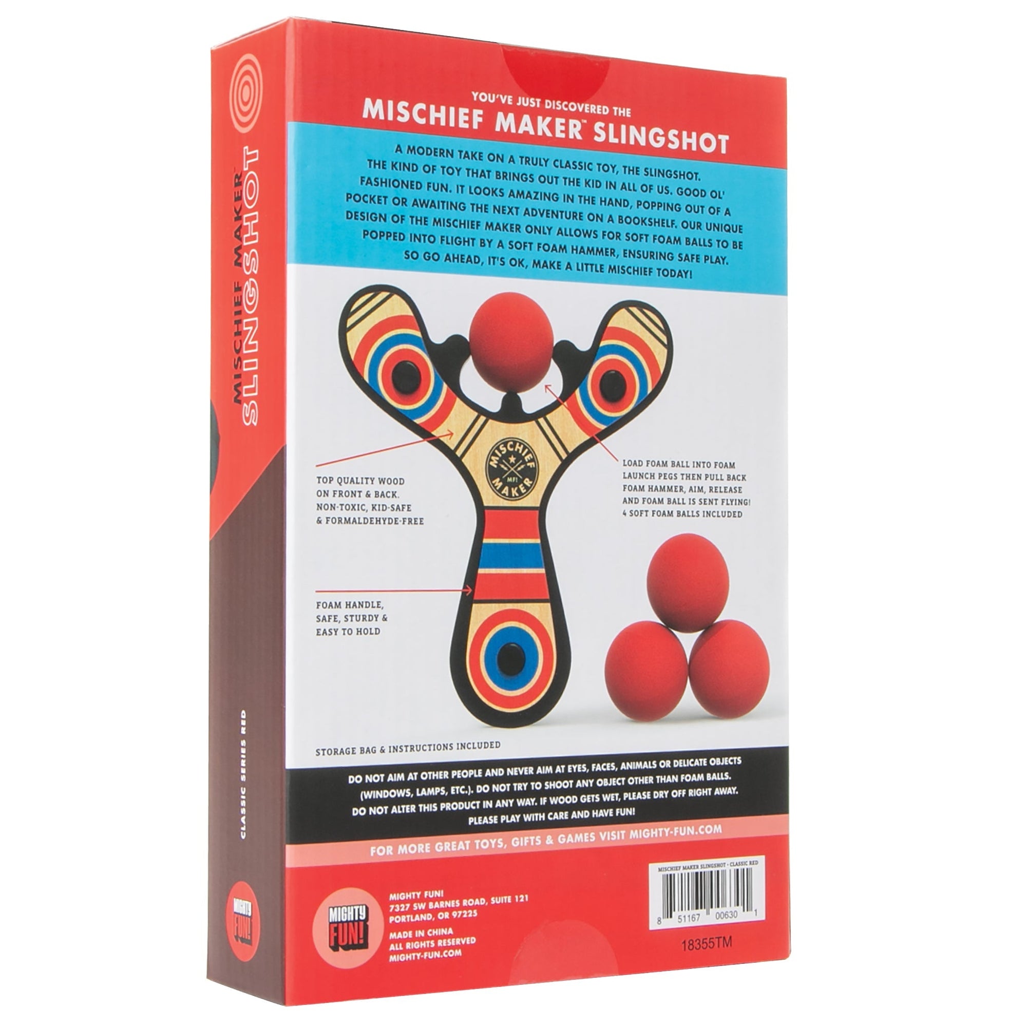 Red Classic wood slingshot color gift box. Mischief Maker by Mighty Fun!
