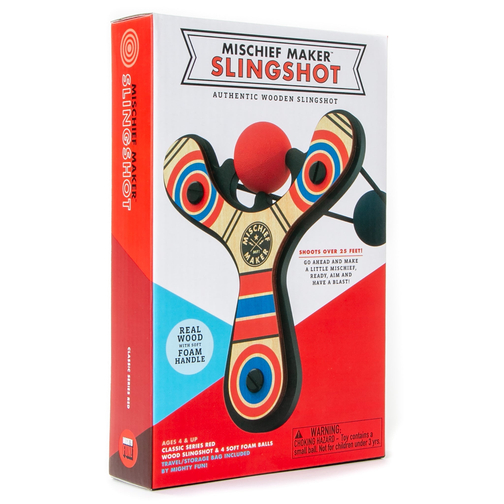 Red Classic wood slingshot color gift box. Mischief Maker by Mighty Fun!