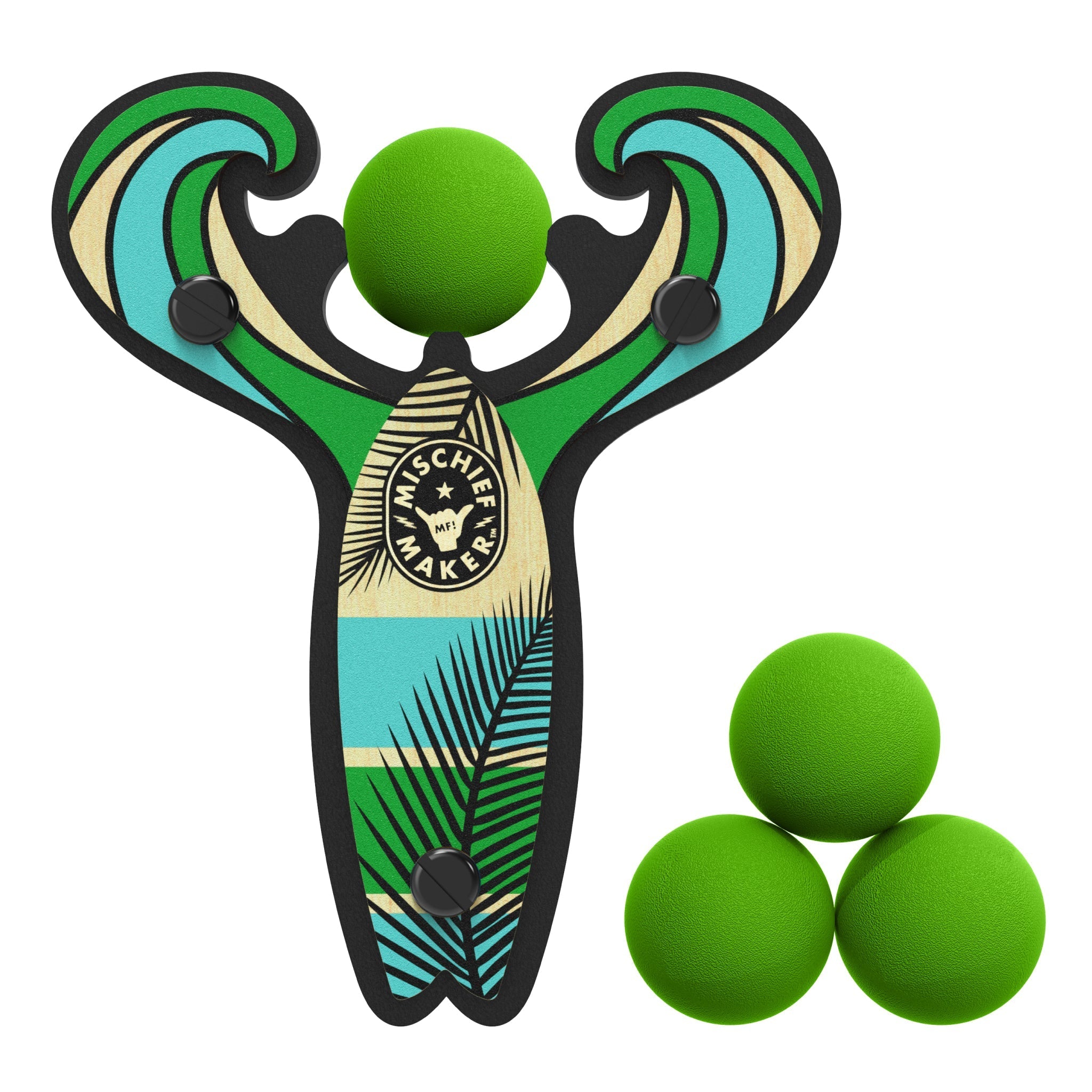 Green Surf’s Up toy slingshot with 4 soft foam balls. Mischief Maker by Mighty Fun! 