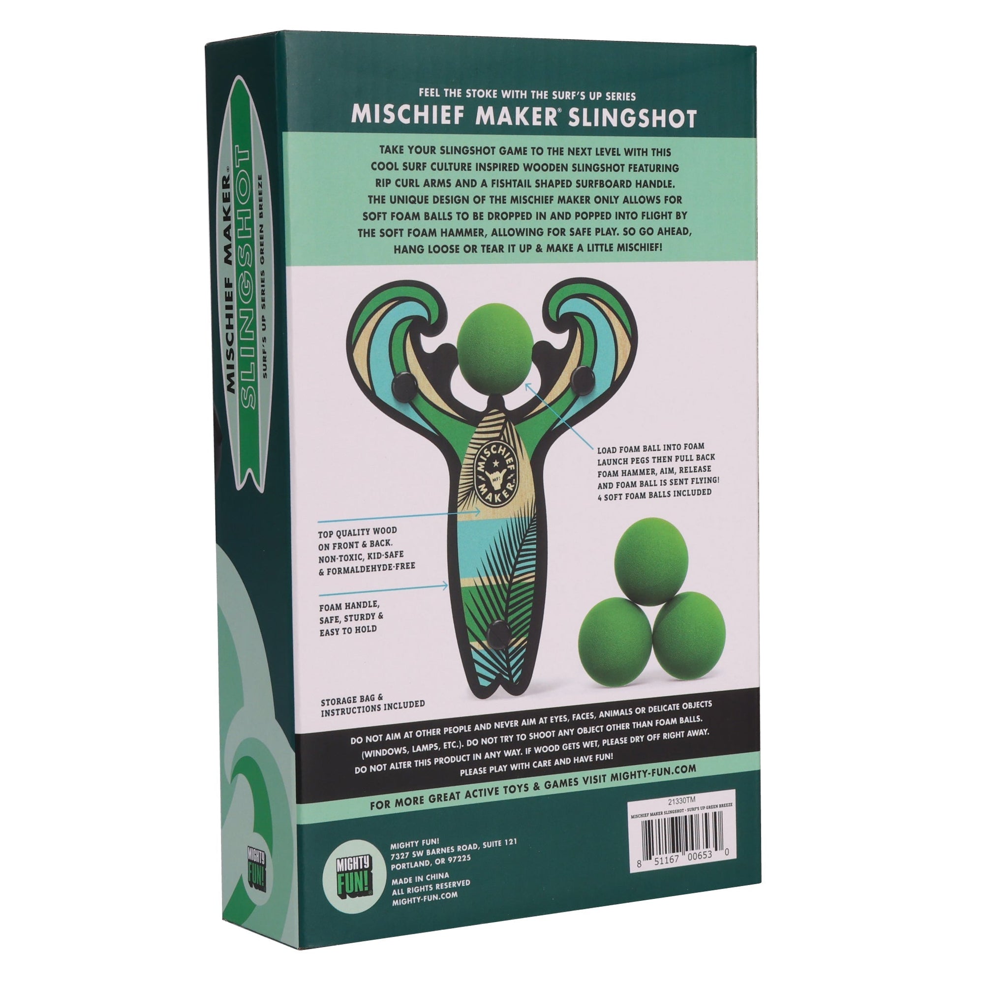 Green Surf’s Up toy slingshot color kids gift box. Mischief Maker by Mighty Fun!