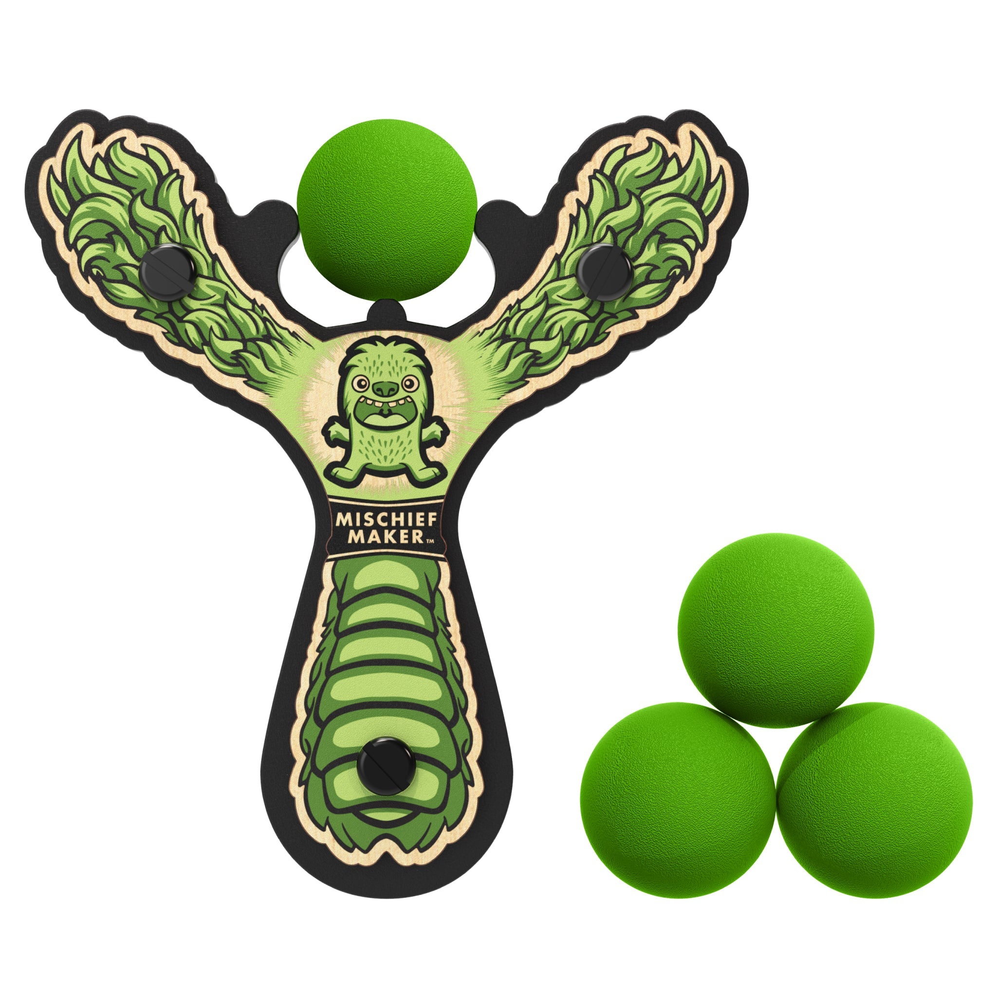 Green Monster toy slingshot with 4 soft foam balls. Mischief Maker by Mighty Fun!