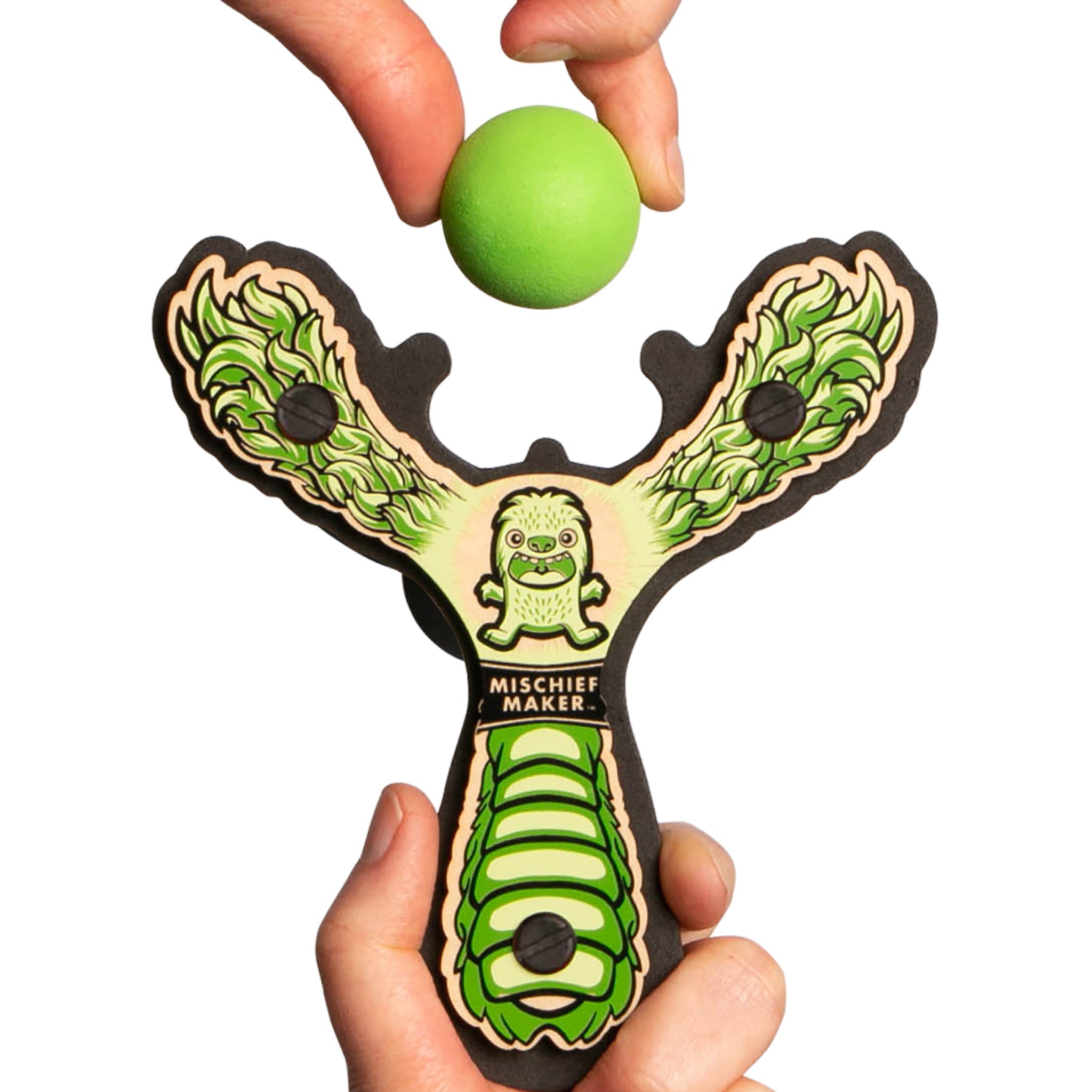 Green Monster toy slingshot being loaded with a soft foam ball. Mischief Maker by Mighty Fun!