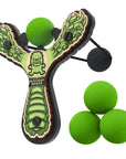 Green Monster toy slingshot with 4 soft foam balls. Mischief Maker by Mighty Fun!