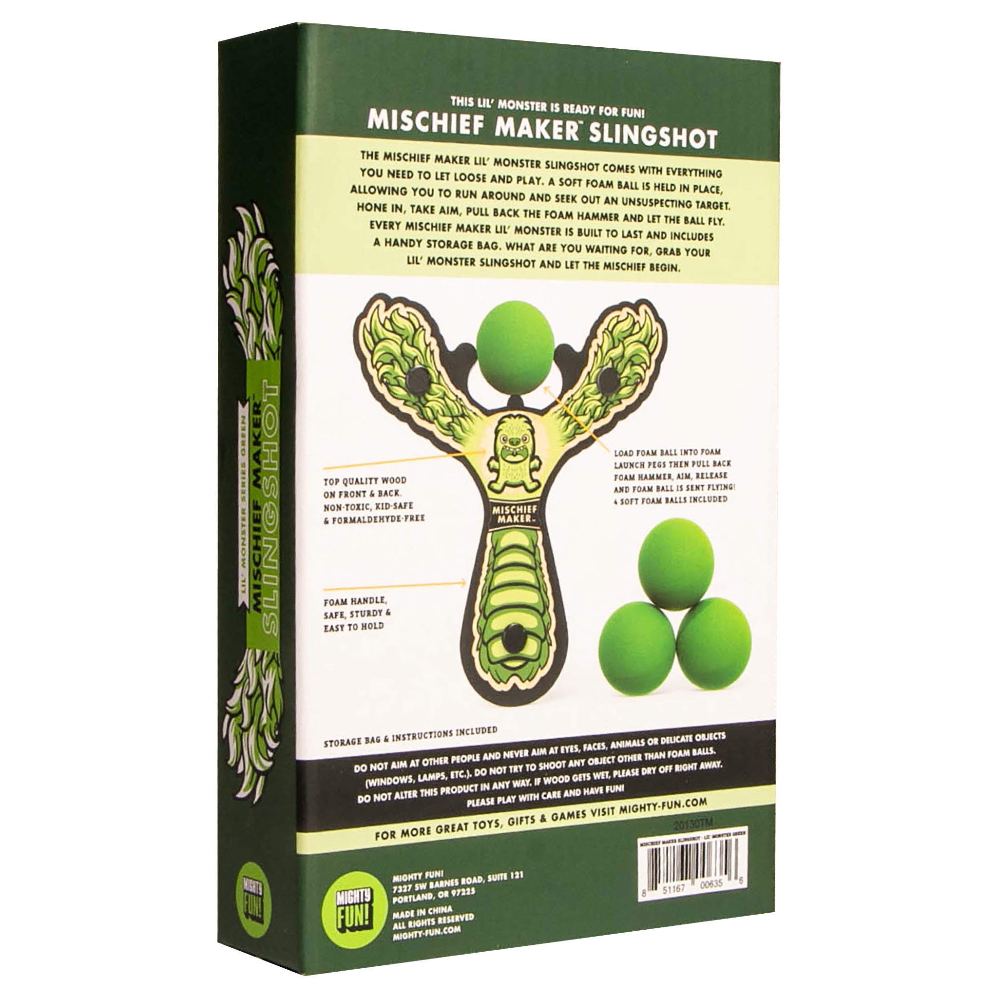 Green Monster toy slingshot color kids gift box. Mischief Maker by Mighty Fun!