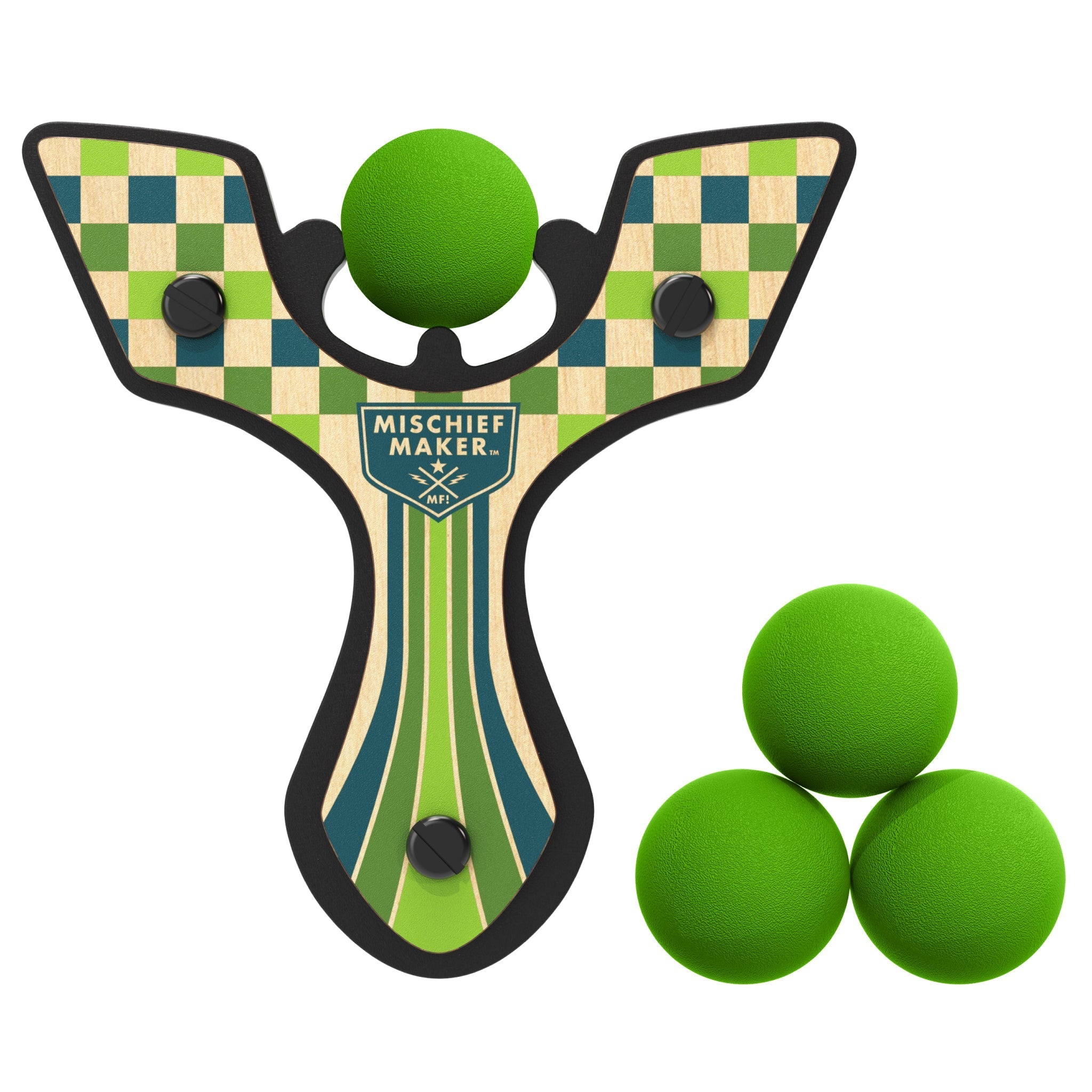 Green Racing best slingshot with 4 soft foam balls. Mischief Maker by Mighty Fun! 