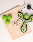 Green Racing best slingshot with 4 soft foam balls and storage bag. Mischief Maker by Mighty Fun!