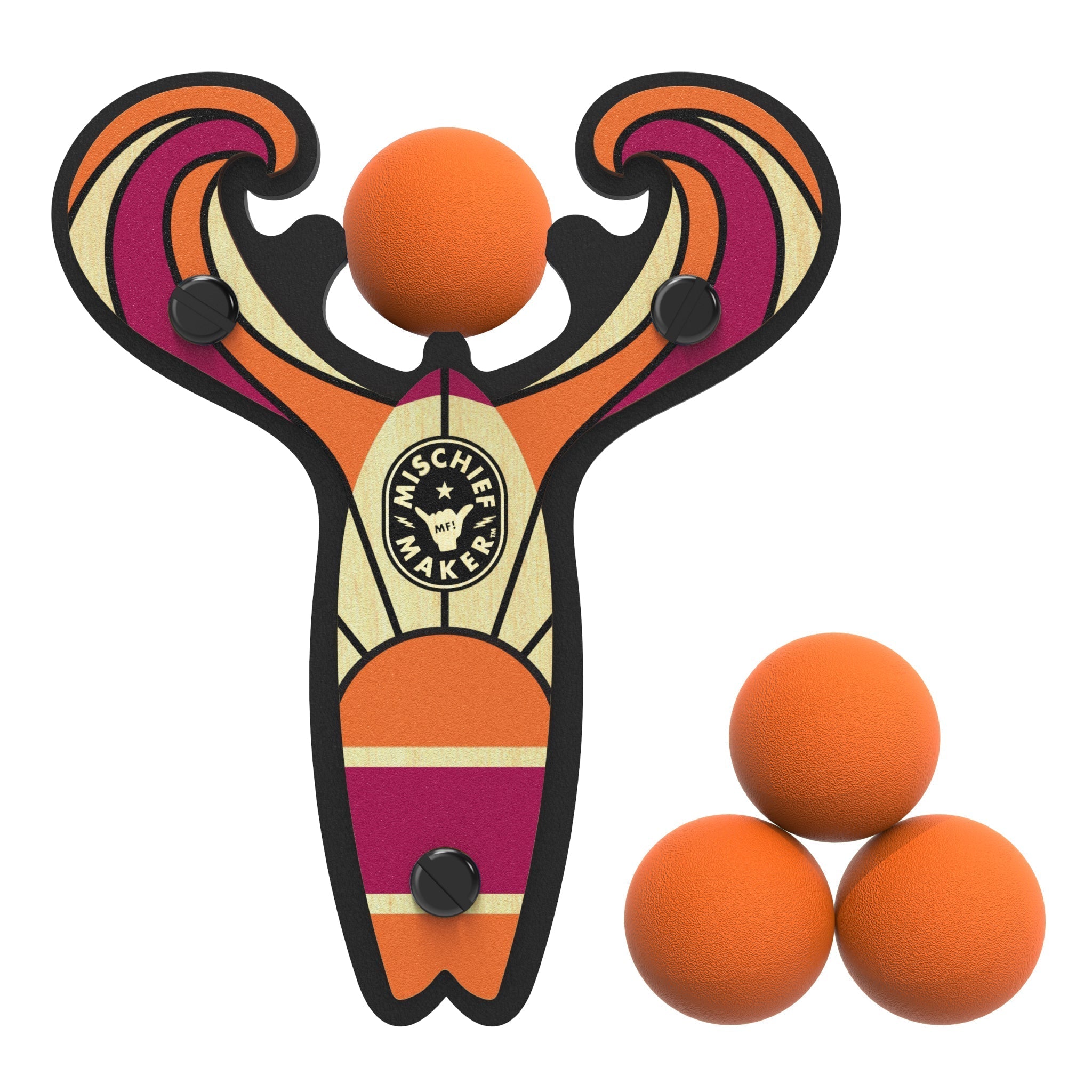 Orange Surf’s Up toy slingshot with 4 soft foam balls. Mischief Maker by Mighty Fun!