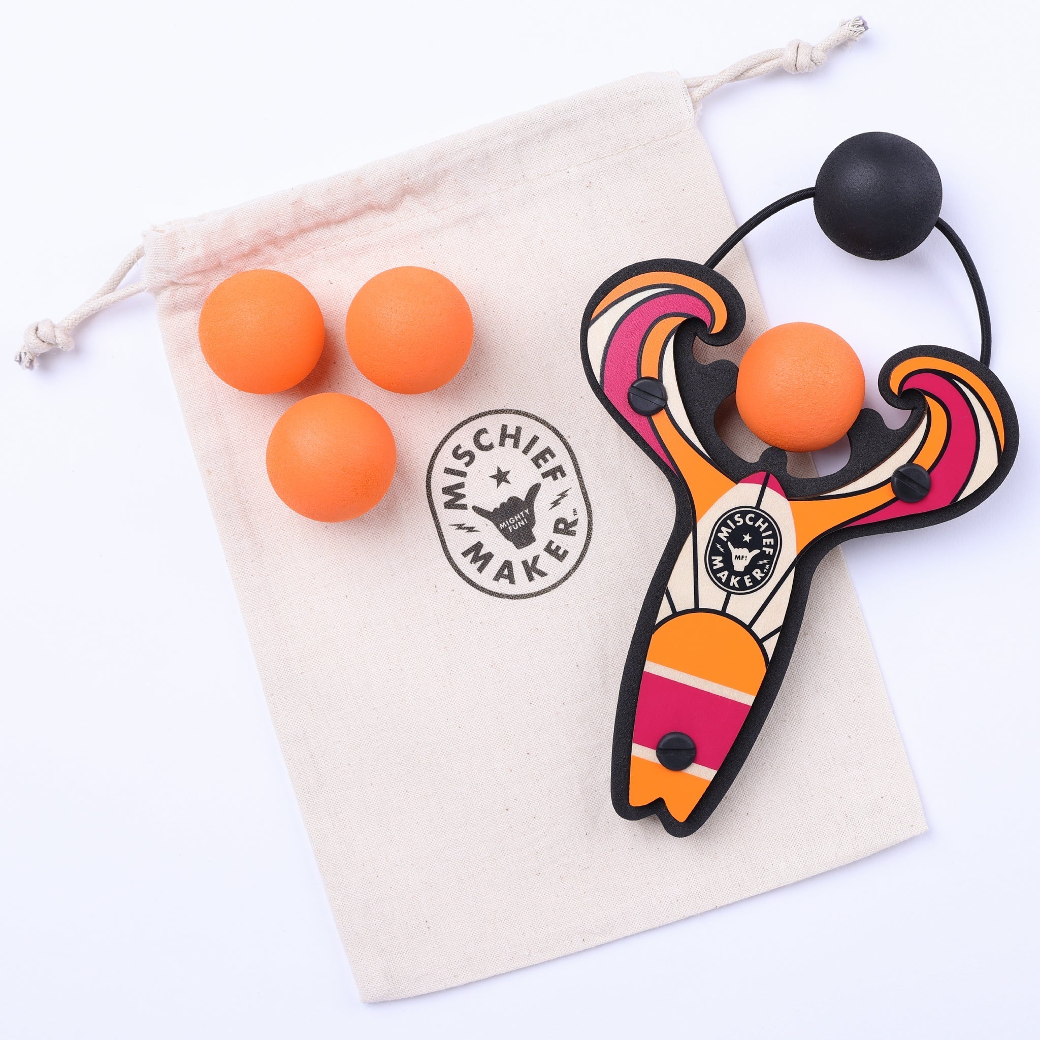 Orange Surf’s Up toy slingshot with 4 soft foam balls and storage bag. Mischief Maker by Mighty Fun!