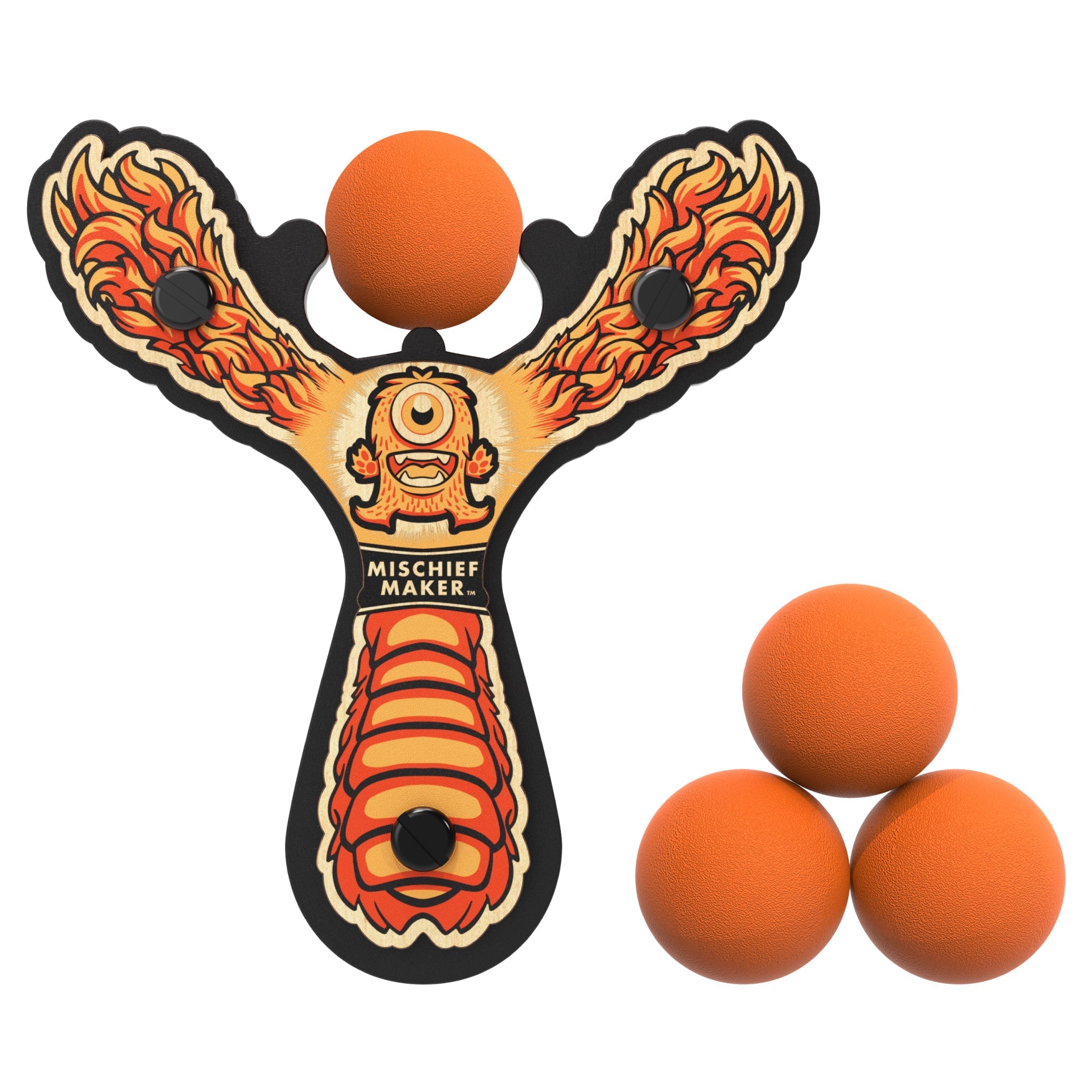 Orange Monster toy slingshot with 4 soft foam balls. Mischief Maker by Mighty Fun!