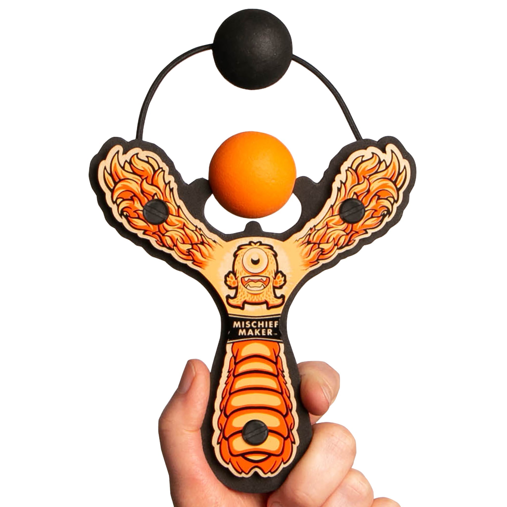 Orange Monster toy slingshot hand held with ball foam ball. Mischief Maker by Mighty Fun!