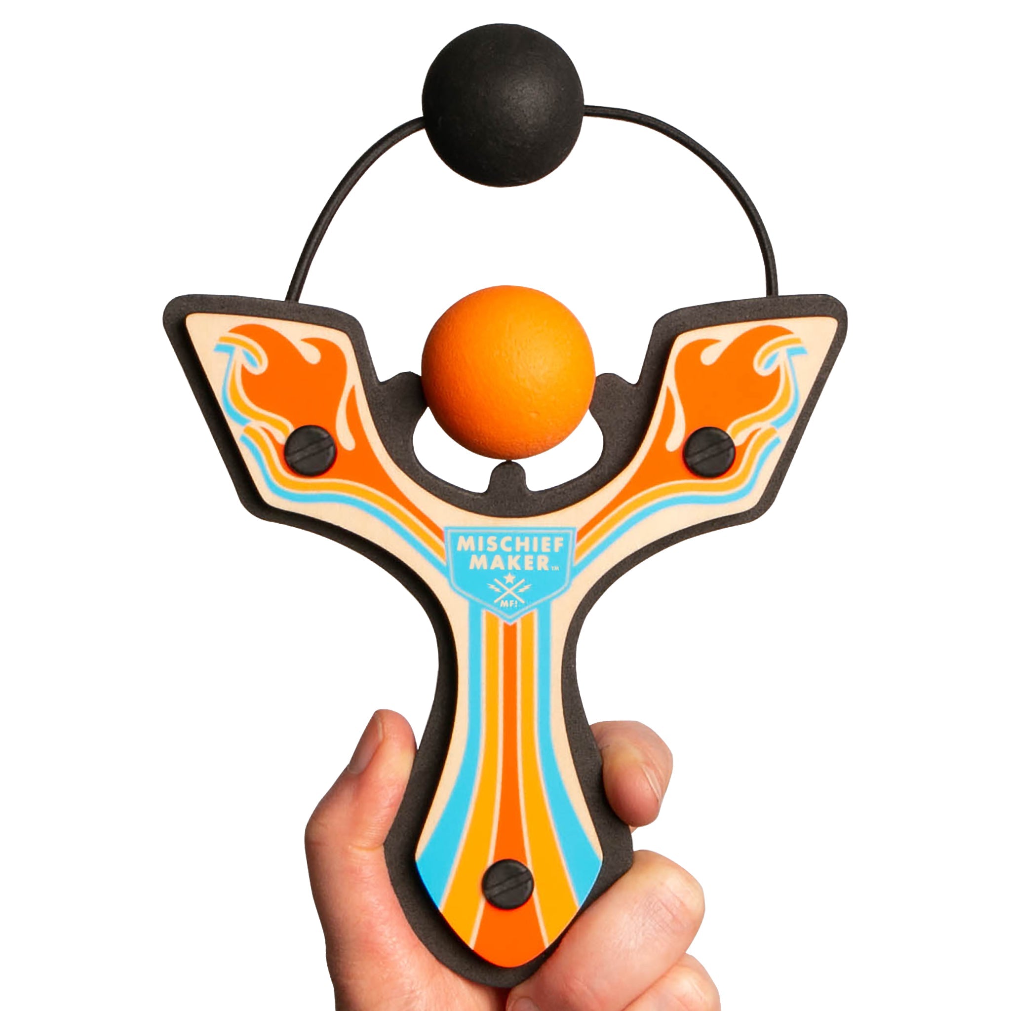 Orange Racing best slingshot hand held with ball foam ball. Mischief Maker by Mighty Fun!