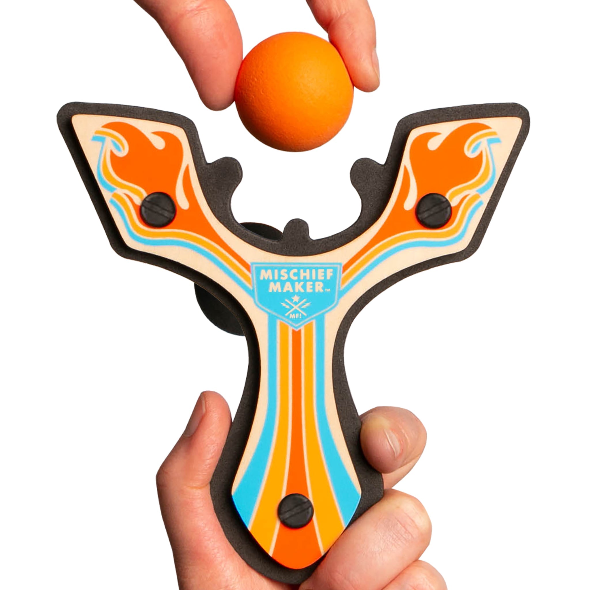 Orange Racing best slingshot being loaded with a soft foam ball. Mischief Maker by Mighty Fun!