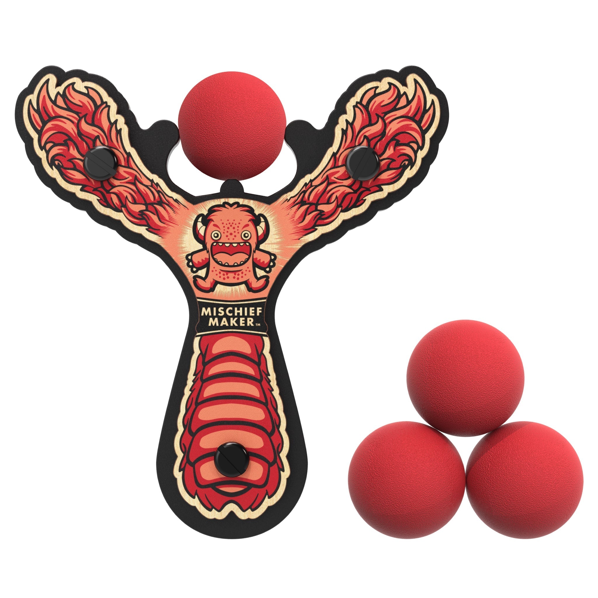 Red Monster toy slingshot with 4 soft foam balls. Mischief Maker by Mighty Fun!