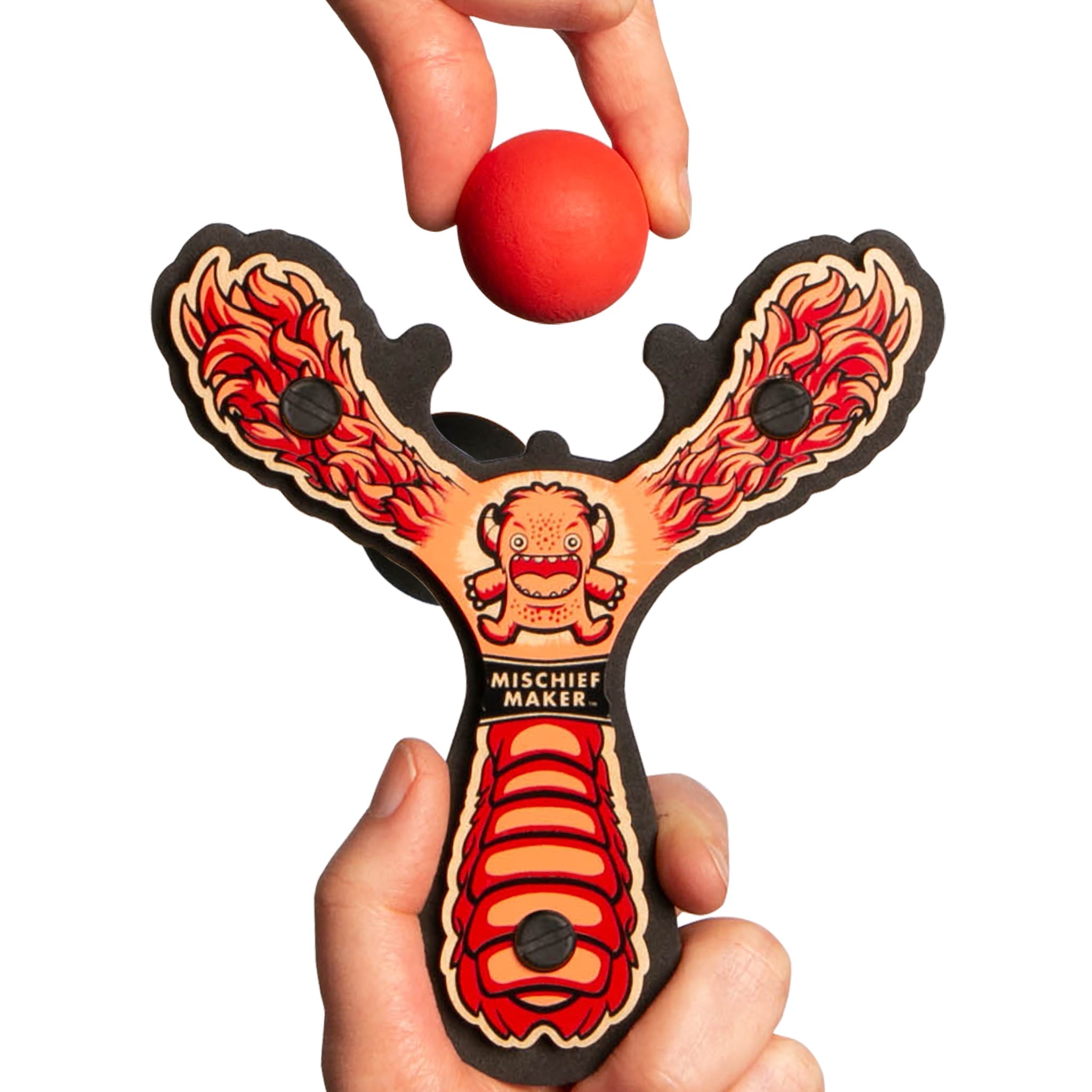Red Monster toy slingshot being loaded with a soft foam ball. Mischief Maker by Mighty Fun!