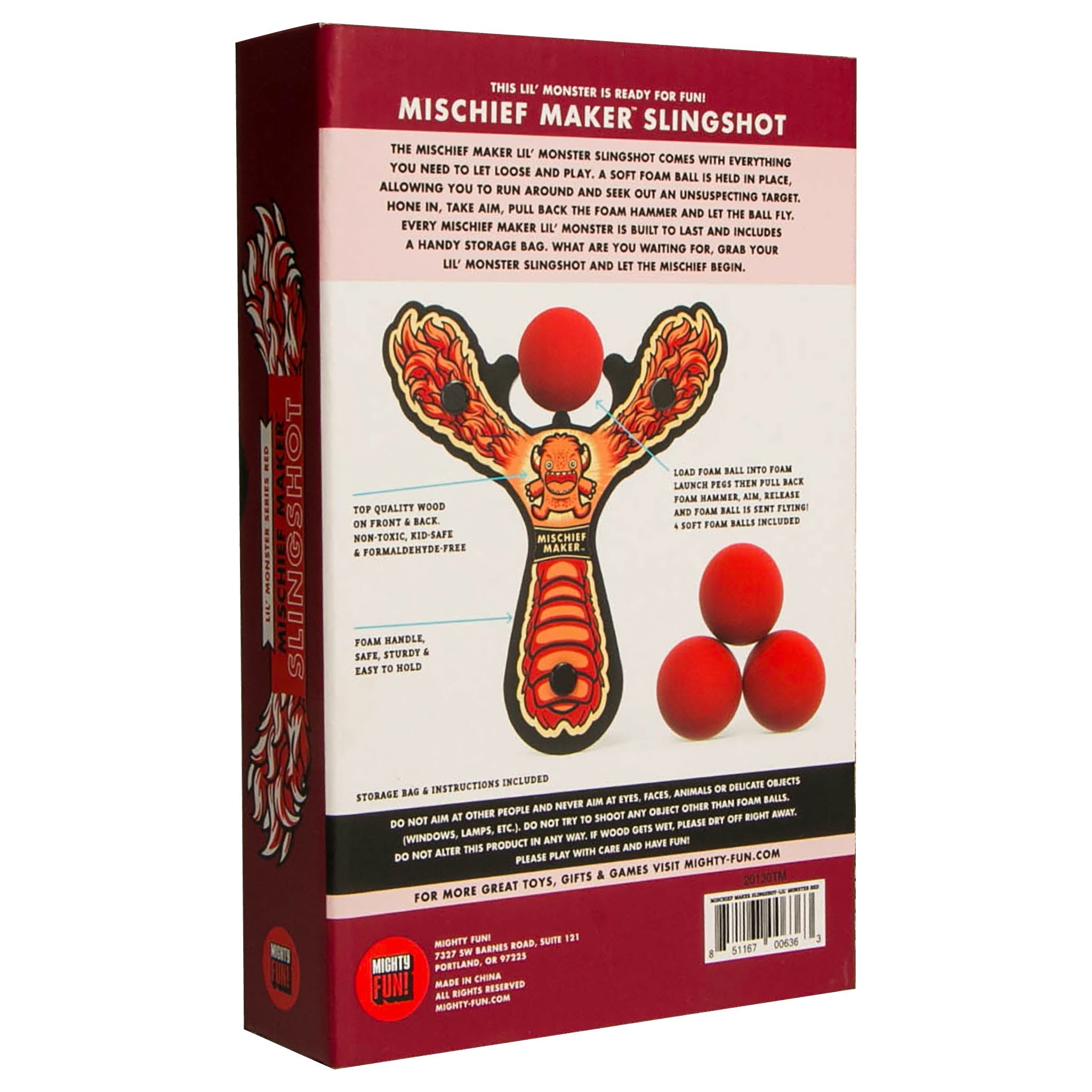 Red Monster toy slingshot color kids gift box. Mischief Maker by Mighty Fun!