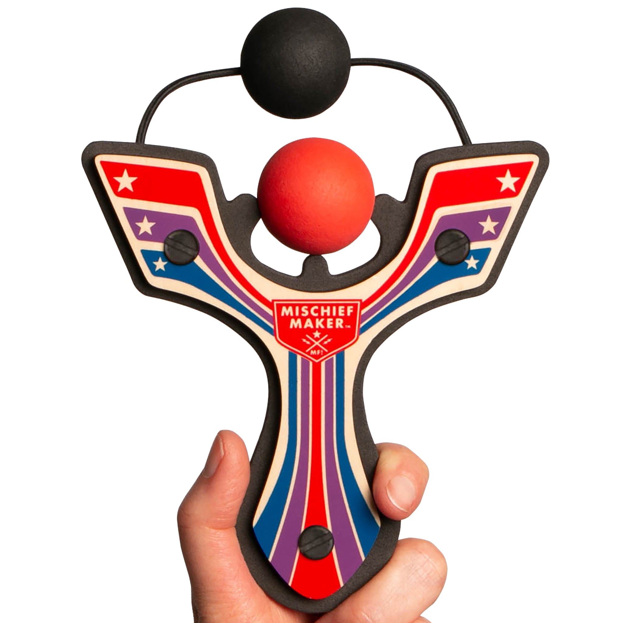 Red Racing best slingshot hand held with ball foam ball. Mischief Maker by Mighty Fun!