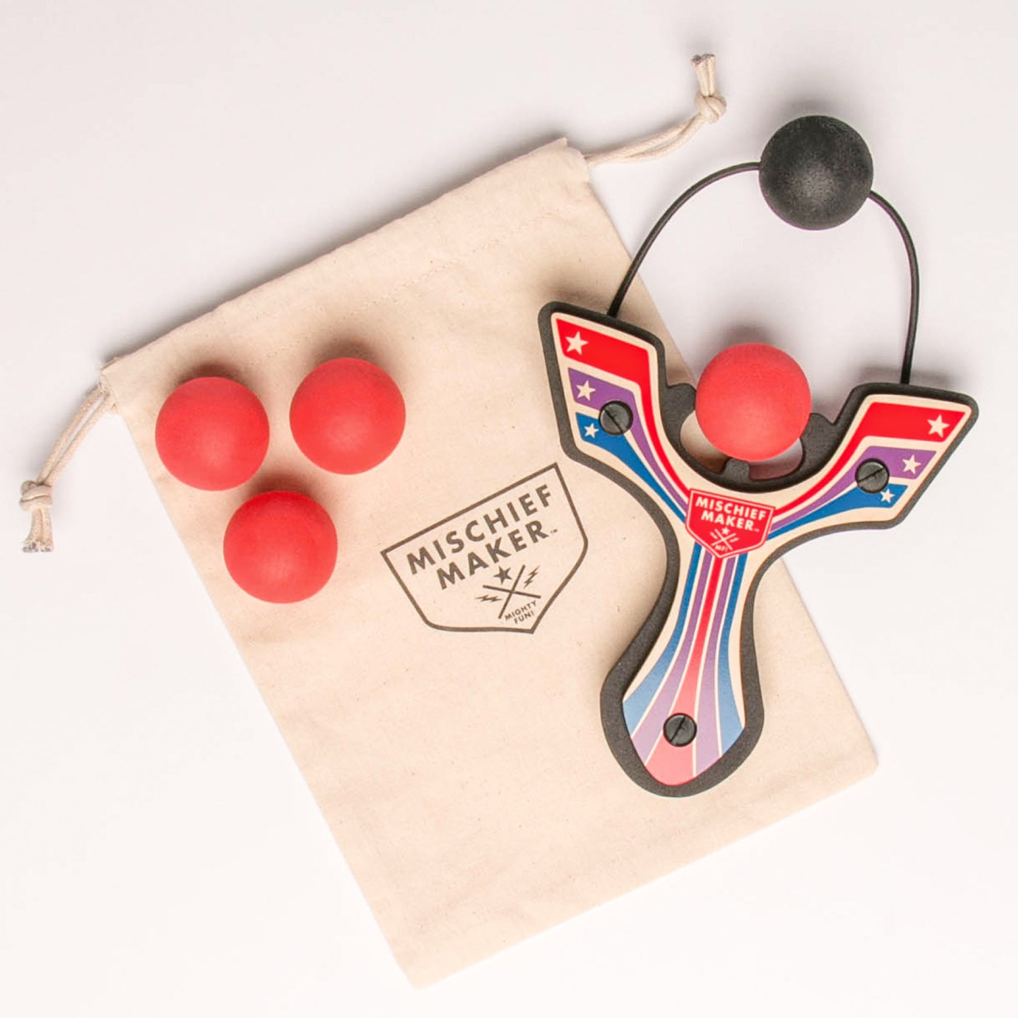 Red Racing best slingshot with 4 soft foam balls and storage bag. Mischief Maker by Mighty Fun!